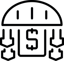 Black outline vector icon illustrating financial security with a shield, dollar sign, and downward arrows