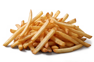 A pile of golden-yellow French fries arranged randomly, on a transparent, white background for png use