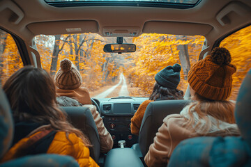Candid friends in autumn road trip. A vibrant photo showcasing four friends in a car enjoying a scenic fall drive. Perfect for travel, adventure advertising, and lifestyle editorial.