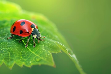 Fototapeta premium A Tiny Red Jewel on a Dew-Kissed Leaf