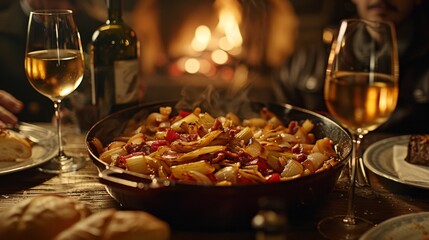 Braised celery with onion, pancetta, and tomatoes served on a table accompanied by wine and bread.