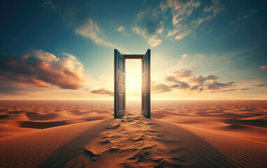 generated illustration of fantasy single door Opened on desert