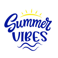 Obraz premium Summer vibes. Hand lettering text with sun and waves isolated on white background. Vector typography text for t shirt designs, posters, cards, banners, mugs