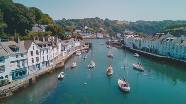 Aerial view of Salcombe Harbour with boats moored along the waterfront and lush hills in the distance.