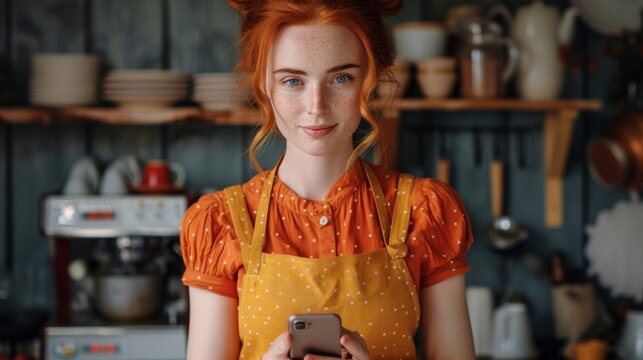 A waitress with red hair using a smartphone in a cozy coffee shop. - Powered by Adobe