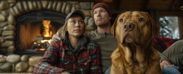 Fototapeta premium A dog sits on a carpet with a couple in a cozy home setting, featuring a fireplace in the background.