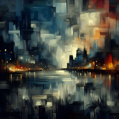 Cityscape with river and a twinkling city at night.  