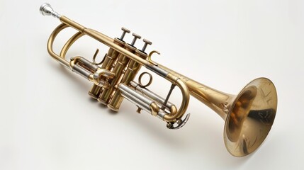Obraz premium Golden trumpet on white. A shiny golden trumpet lays on its side on a white background, ready to make music.