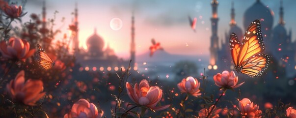 Fototapeta premium Dreamy Mosque Under Starry Indigo and Purple Cosmic Sky with Clouds.