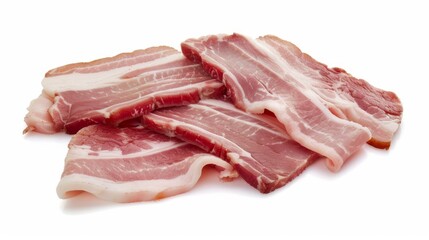 Obraz premium Raw bacon slices isolated on white. Fresh raw bacon slices isolated on white background, perfect for breakfast or cooking recipes.