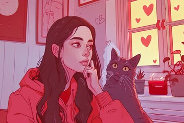 Anime Girls with Cats in Cozy Interiors