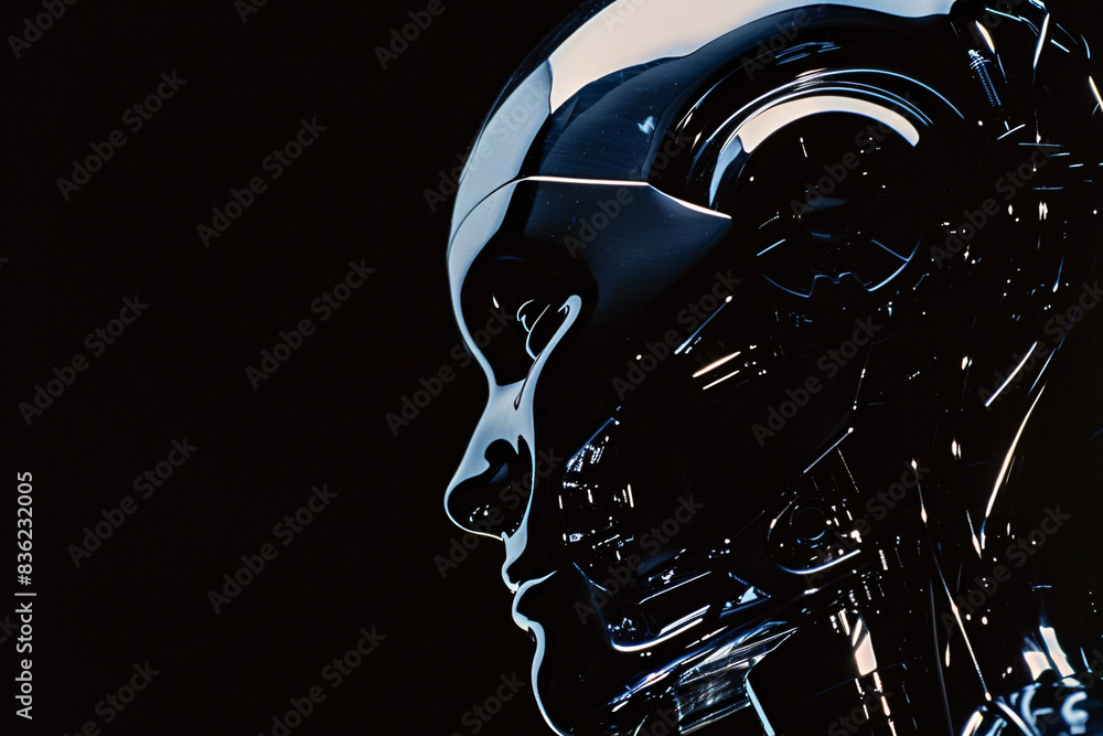 Poster sleek robotic head in profile view with a glossy metallic surface showcasing its advanced design and