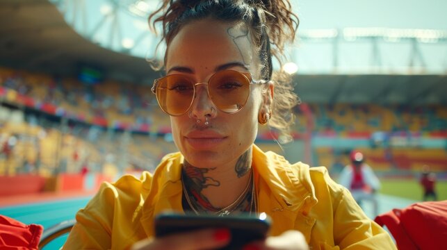 An athlete with tattoos wearing sunglasses and a yellow jacket is seen focused on her phone at a sports track. - Powered by Adobe
