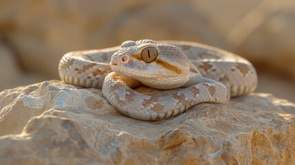 Fototapeta premium A close-up of a coiled pale-colored snake with distinctive eyes resting on a rock.