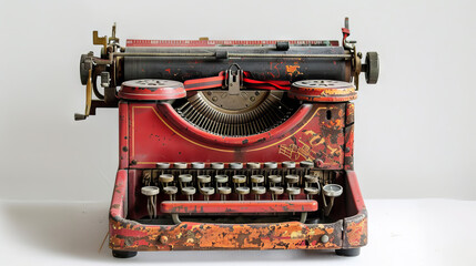 Vintage red typewriter on white background. Antique red typewriter with chipped paint, evoking nostalgia for bygone era of writing.