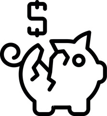 Black outline vector icon depicting a cracked piggy bank with a floating dollar symbol, representing financial loss