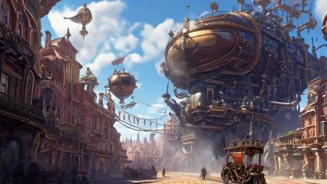 Imagine an animation set in a steampunk city. The scene features airships, clockwork robots, and Victorian-style buildings. The protagonist navigates through bustling streets and mechanical wonders