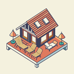 A long log house with a terrace and sun loungers 1 floor isometric view from above