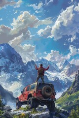 A Man Stands on Top of His Jeep in the Majestic Rocky Mountains. Generative AI