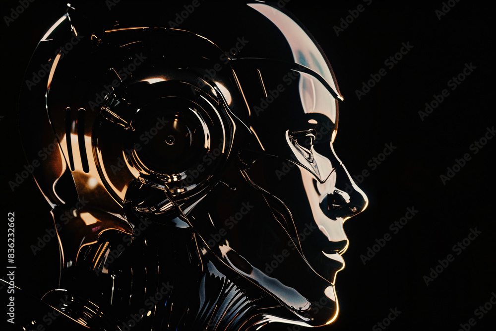 Poster close-up of a shiny robotic head with a dark background highlighting intricate details