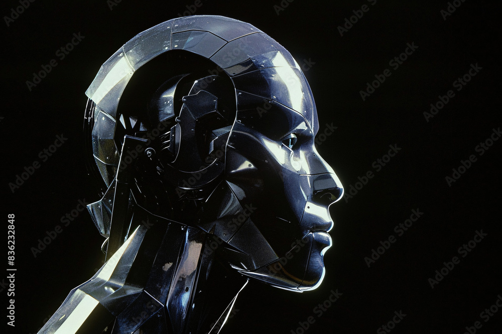 Poster metallic robotic head in a side view against a dark backdrop highlighting sleek design