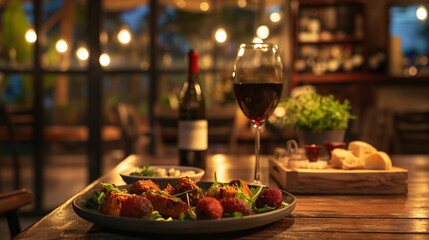 Fototapeta premium Warm wooden table with a glass of red wine and a plate of gourmet appetizers