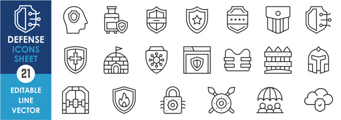 A set of line icons related to defense and security. Security, shield, door, virus, cloud, police, vest, community and so on. Vector outline icons set.