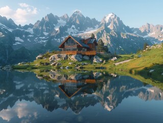 A serene mountain hut reflected in a calm lake, surrounded by the rugged peaks of the French Pyrenees.