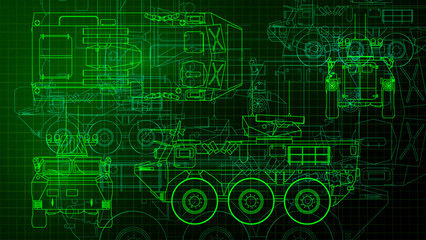 Line art sketch wallpaper of military vehicle series. Drafting art. Lines Drawing of Armored Personnel Carrier model.