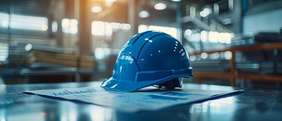 Close-up of a blue safety helmet on architectural blueprints in a modern industrial workspace, illuminated by natural light.