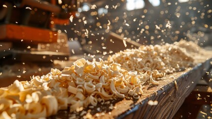 Wood shavings and carpentry tools on a wooden bench with sunlight illuminating the workspace.