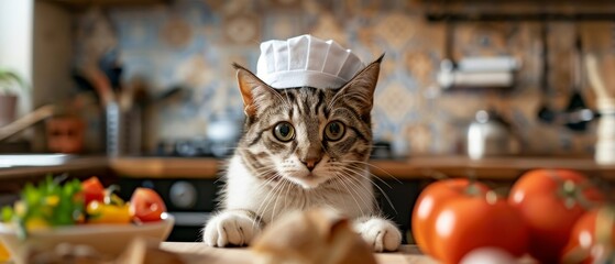 Adorable tabby cat wearing a chef hat in a cozy kitchen setting with fresh vegetables, evoking a charming and whimsical culinary theme.