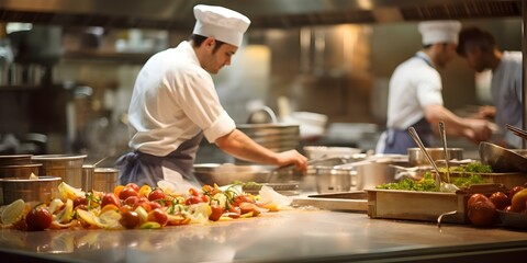 Chefs hard at work in a busy restaurant kitchen with blurred background. Concept Busy Kitchen Scenes, Culinary Creativity, Chef's Expertise, Restaurant Cooking, Culinary Innovation