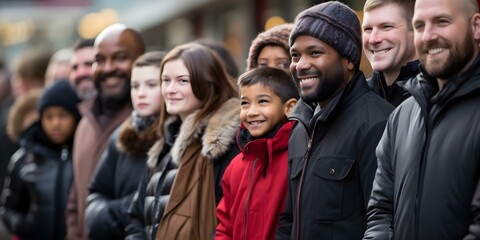 Diverse group of men women and children waiting in line at event. Concept Inclusive Community, Event Line, Multicultural Gathering, Group Waiting, Diverse Crowd