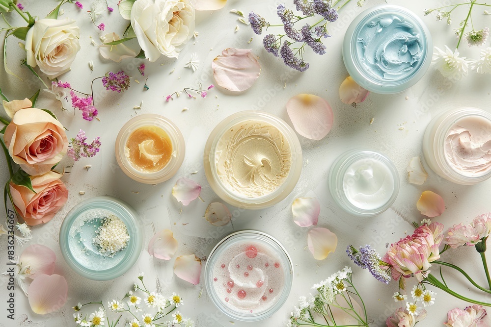 Poster a close-up shot of various face masks and creams arranged on a light background with delicate flower