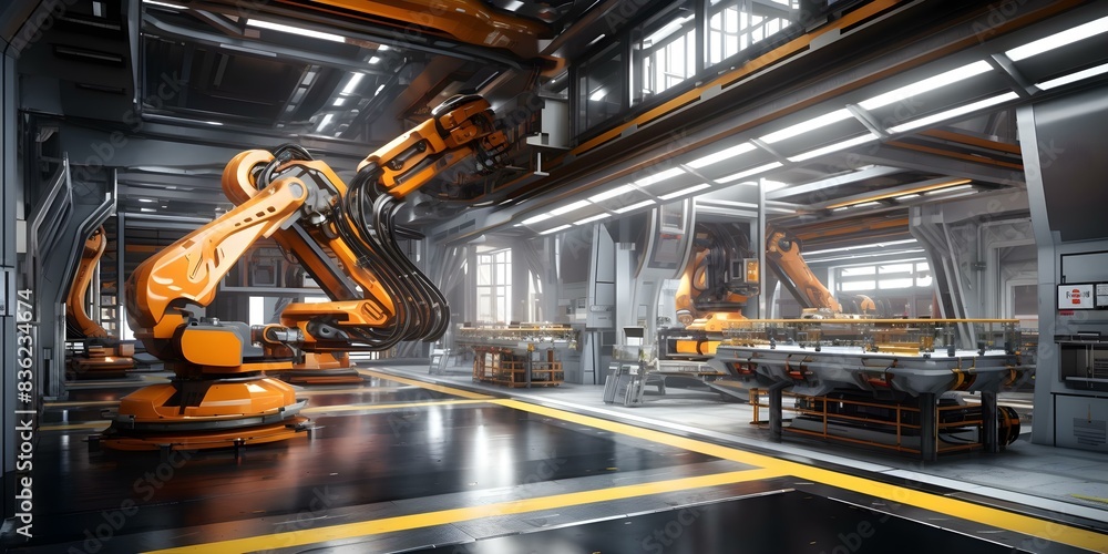 Poster 3d rendering of automated factory with robotic arms and conveyor system. concept industrial design, 