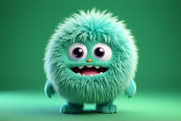 Fototapeta premium Cute fluffy green monster isolated on clear green background. Funny and furry little yeti. Happy monster character. Dental clinic for children concept. 