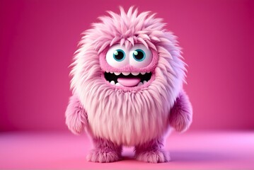 Obraz premium Cute fluffy pink monster isolated on clear pink background. Funny and furry little yeti. Happy monster character. Dental clinic for children concept. 