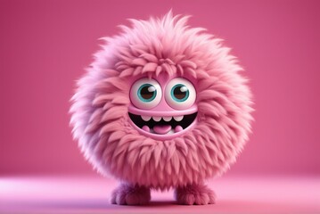 Obraz premium Cute fluffy pink monster isolated on clear pink background. Funny and furry little yeti. Happy monster character. Dental clinic for children concept. 
