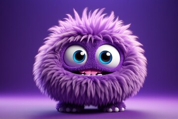 Fototapeta premium Cute fluffy purple monster isolated on clear purple background. Funny and furry little yeti. Happy monster character. Dental clinic for children concept. 