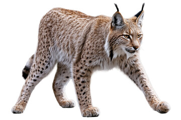 Fototapeta premium This high-resolution image of a lynx walking has been expertly isolated onto a transparent, white background as a png, showcasing its details