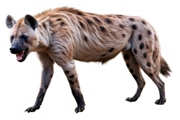 The image of a spotted hyena features it standing isolated against a transparent, white background as a png