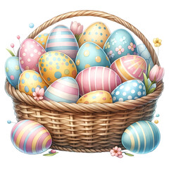 Fototapeta premium Brightly colored Easter eggs in a wicker basket decorated with pastel patterns and spring flowers, perfect for a festive celebration.