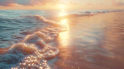 Sunlit Waves Gently Washing Ashore at Sunset