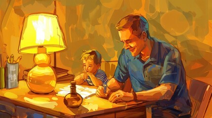 Fatherhood and remote business. Happy young single dad working at home while kids plays next to him