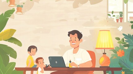 Fatherhood and remote business. Happy young single dad working at home while kids plays next to him