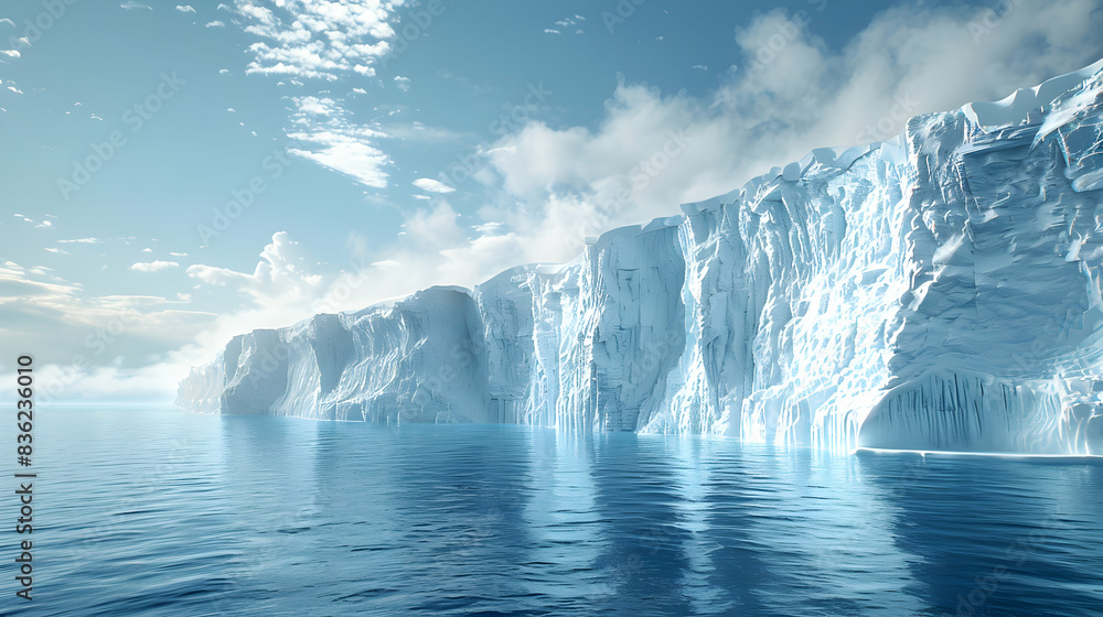 Poster glacier profile merging with retreating ice symbolizing climate change ideal for environmental and c