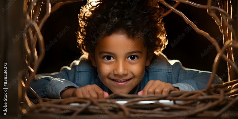 Poster child bridging education gap with computer symbolizing digital divide in learning. concept digital d