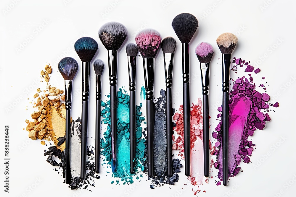 Poster a close-up view of various makeup brushes covered in vibrant eyeshadow and blush on a white backgrou