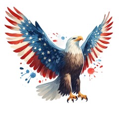 Obraz premium A majestic bald eagle soaring with an American flag in its talons, against a backdrop of fireworks.